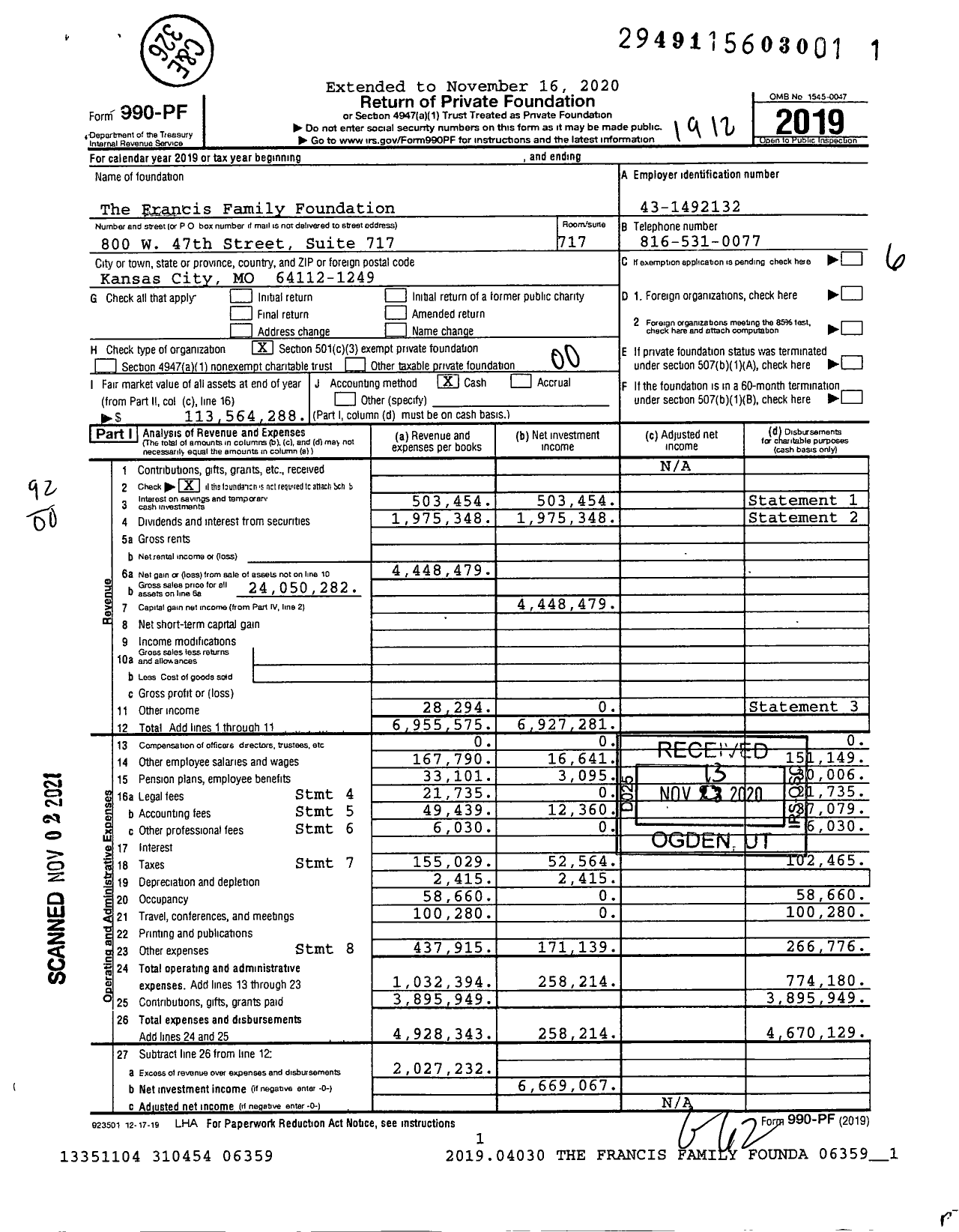 Image of first page of 2019 Form 990PF for The Francis Family Foundation