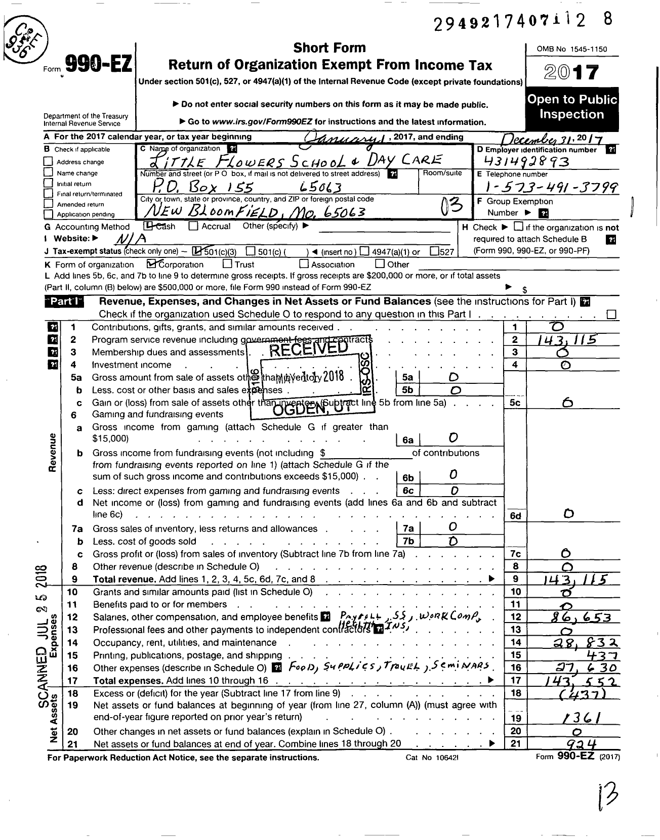 Image of first page of 2017 Form 990EZ for Little Flowers School and Daycare