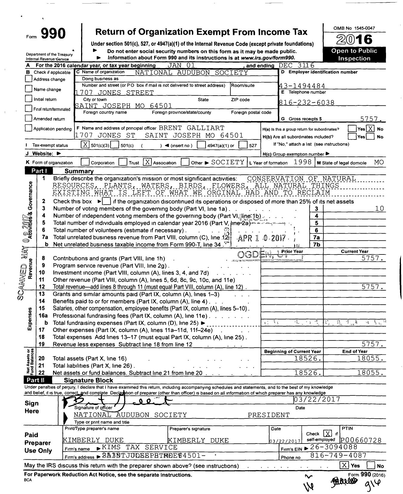 Image of first page of 2016 Form 990 for Midland Empire Audobon Society