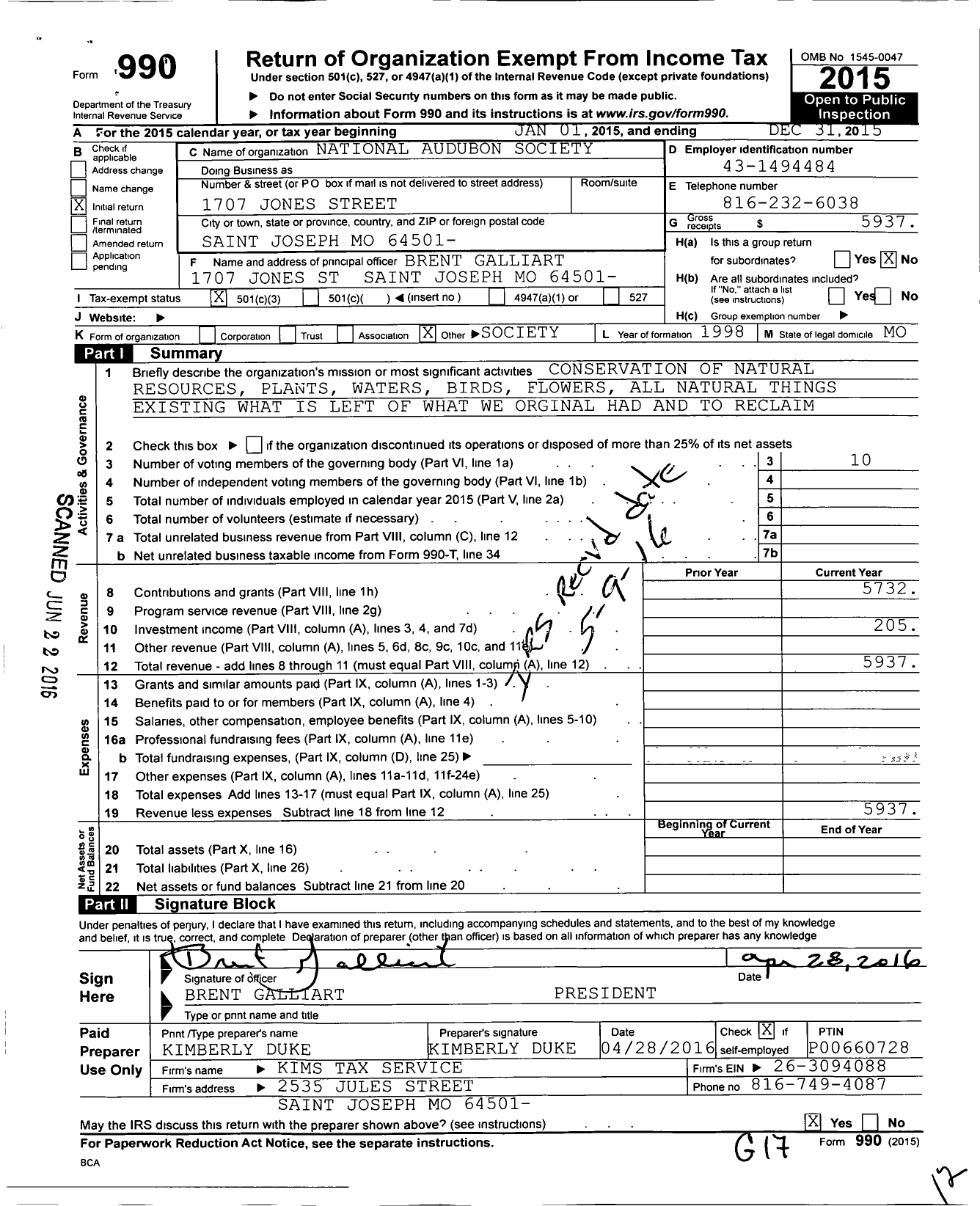 Image of first page of 2015 Form 990 for Midland Empire Audobon Society