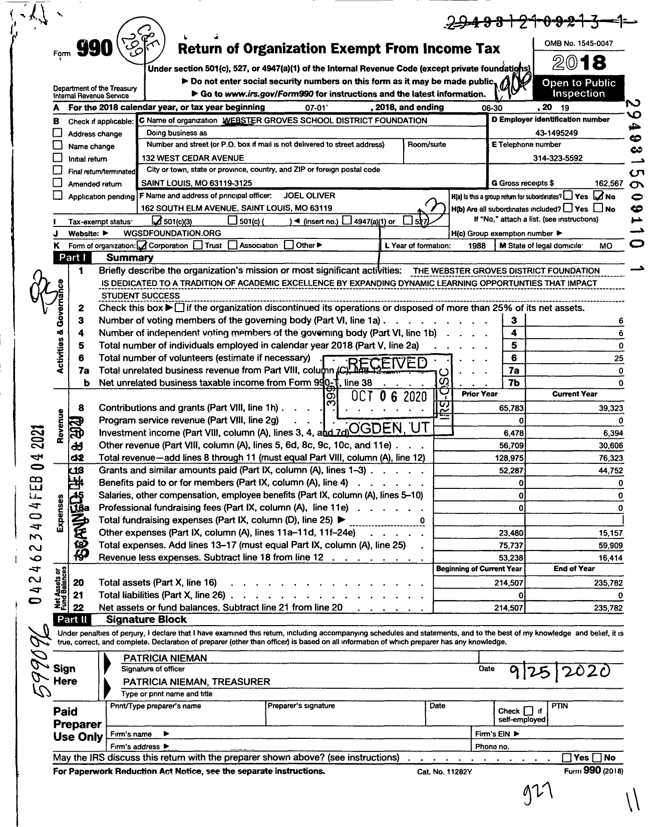 Image of first page of 2018 Form 990 for Webster Groves School District Foundation