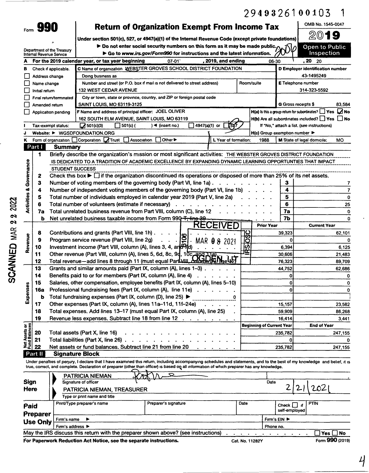 Image of first page of 2019 Form 990 for Webster Groves School District Foundation