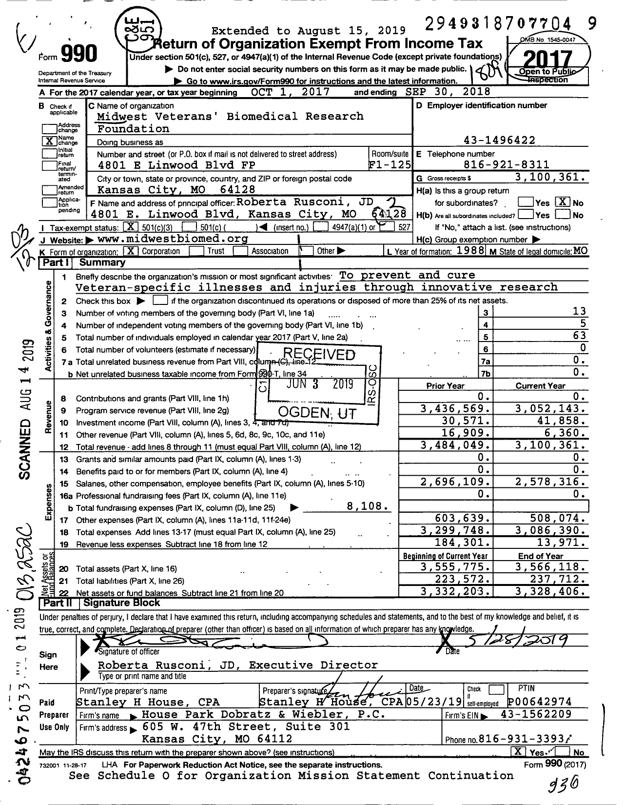 Image of first page of 2017 Form 990 for Midwest Veterans' Biomedical Research Foundation