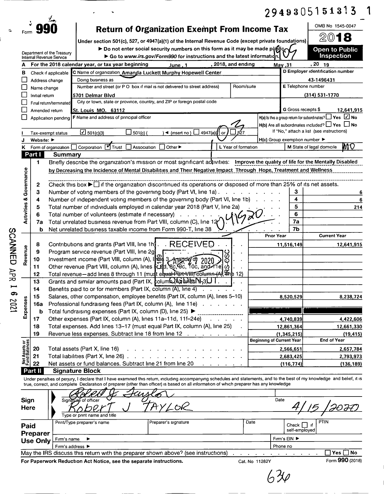 Image of first page of 2018 Form 990 for Amanda Luckett Murphy Hopewell Center