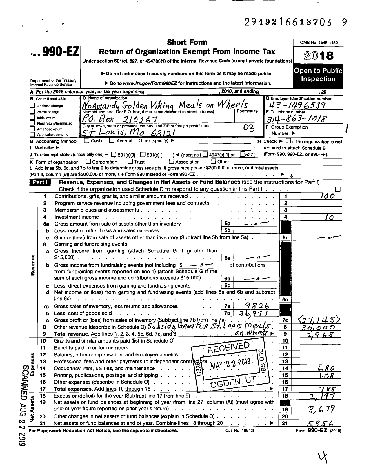 Image of first page of 2018 Form 990EZ for Normandy Golden Vikings Meals on Wheels