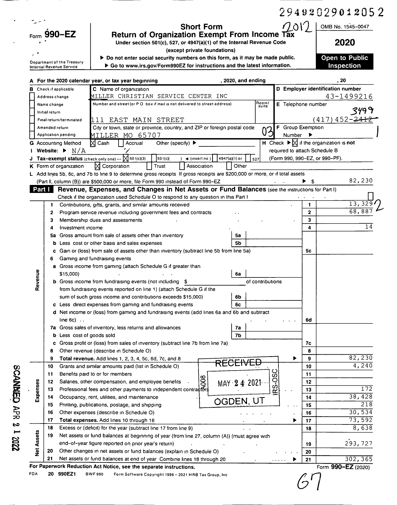 Image of first page of 2020 Form 990EZ for Miller Christian Service Center