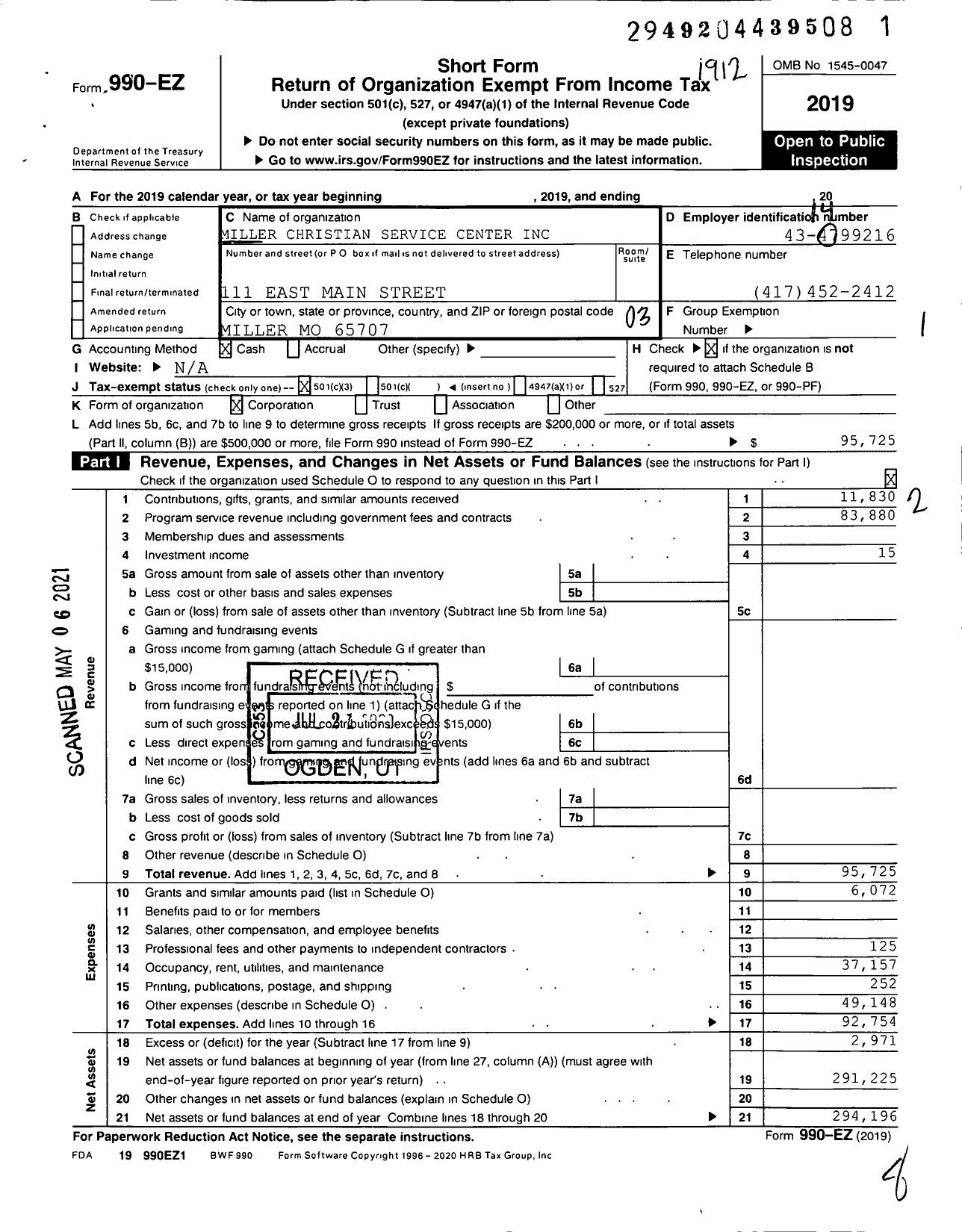 Image of first page of 2019 Form 990EZ for Miller Christian Service Center