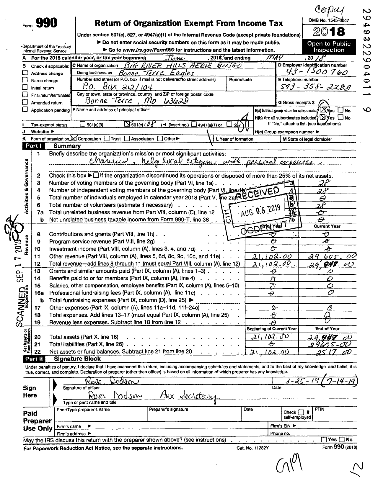 Image of first page of 2017 Form 990O for Bonne Terre Eagles #4210 Aerie