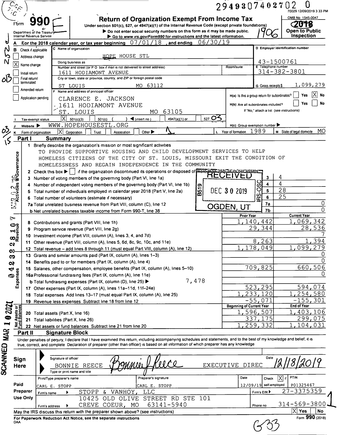 Image of first page of 2018 Form 990 for Hope House STL