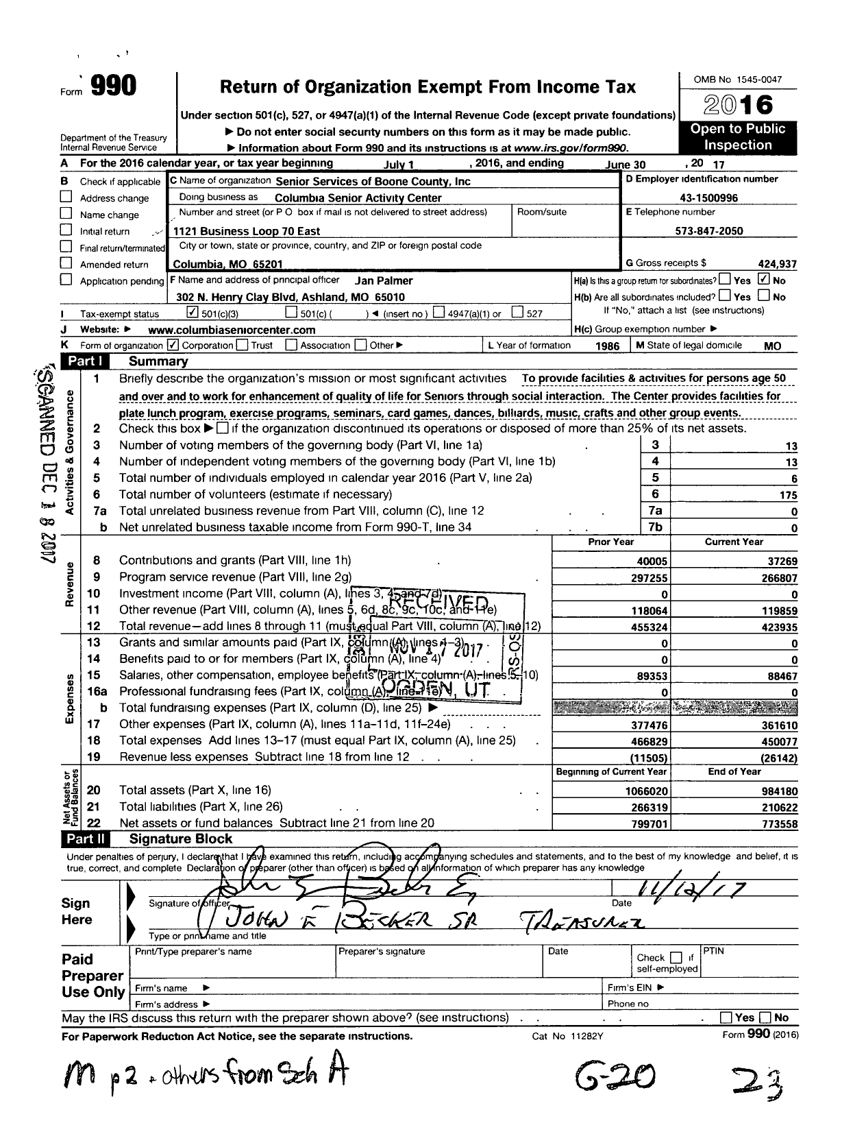 Image of first page of 2016 Form 990 for Columbia Senior Activity Center