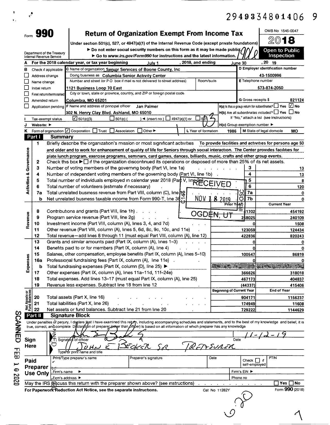 Image of first page of 2018 Form 990 for Columbia Senior Activity Center