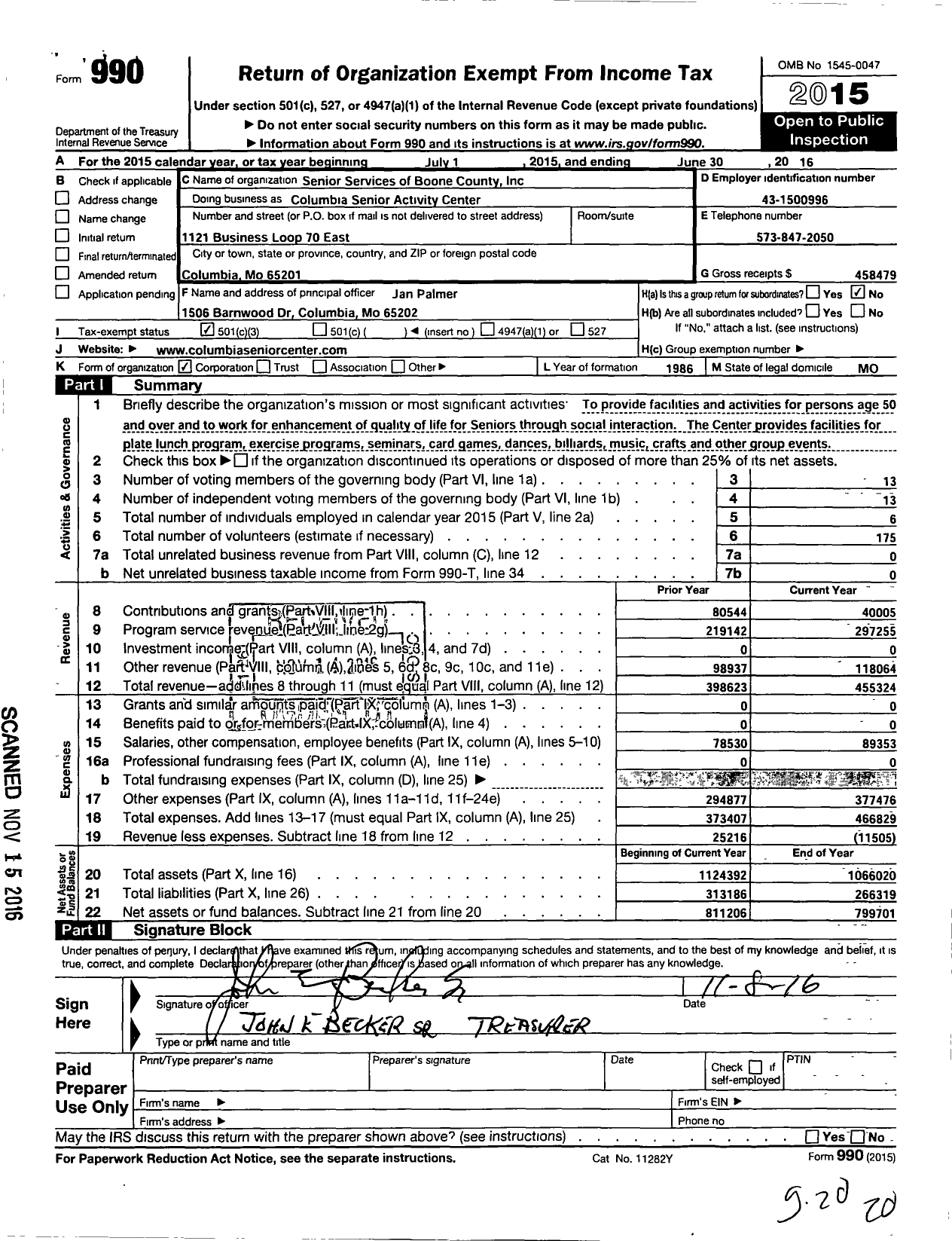 Image of first page of 2015 Form 990 for Columbia Senior Activity Center