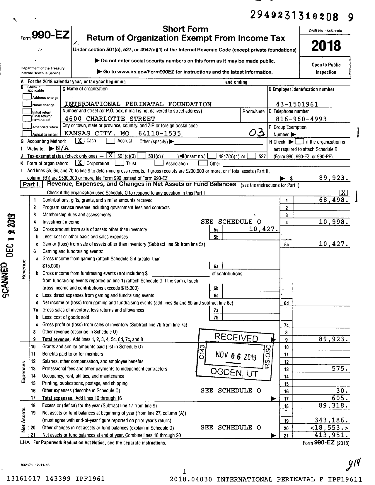 Image of first page of 2018 Form 990EZ for International Perinatal Foundation