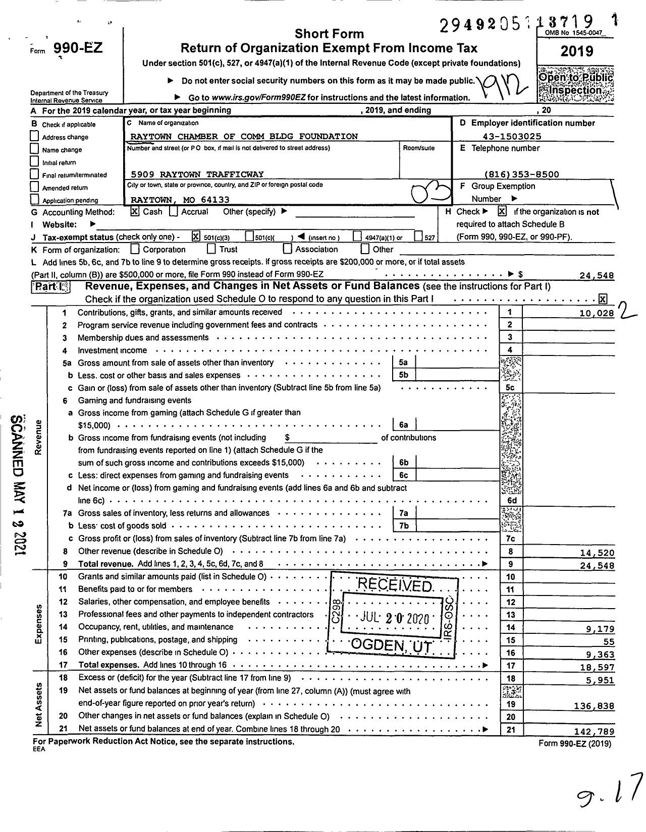 Image of first page of 2019 Form 990EZ for Raytown Chamber of Comm Bldg Foundation