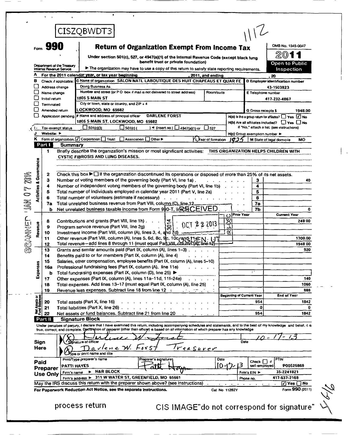 Image of first page of 2011 Form 990O for Salon National Laboutique Des Huit Chapeaux Et Quarante Femmes - 390 Salon