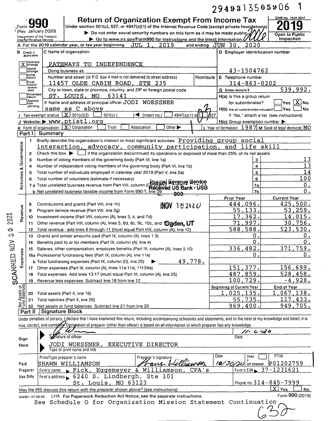 Image of first page of 2019 Form 990 for Pathways To Independence