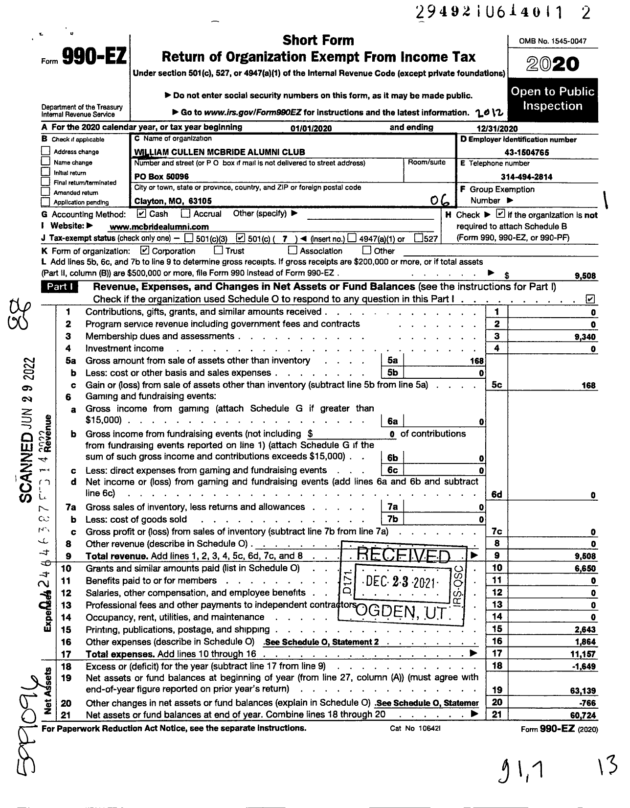 Image of first page of 2020 Form 990EO for William Cullen Mcbride Alumni Club