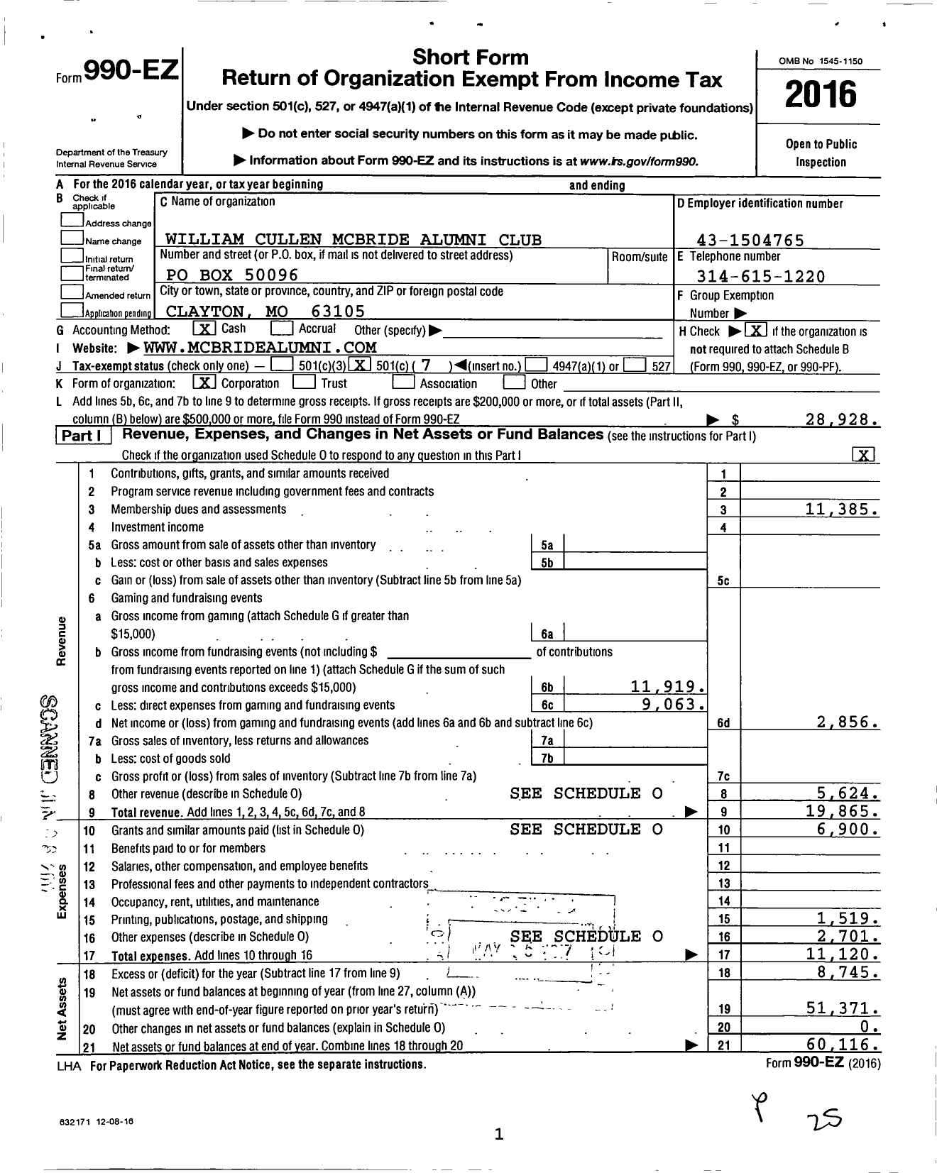 Image of first page of 2016 Form 990EO for William Cullen Mcbride Alumni Club