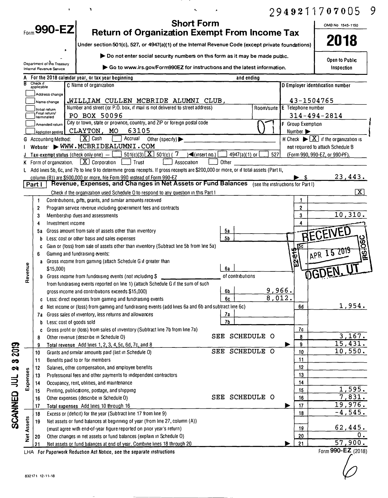 Image of first page of 2018 Form 990EO for William Cullen Mcbride Alumni Club