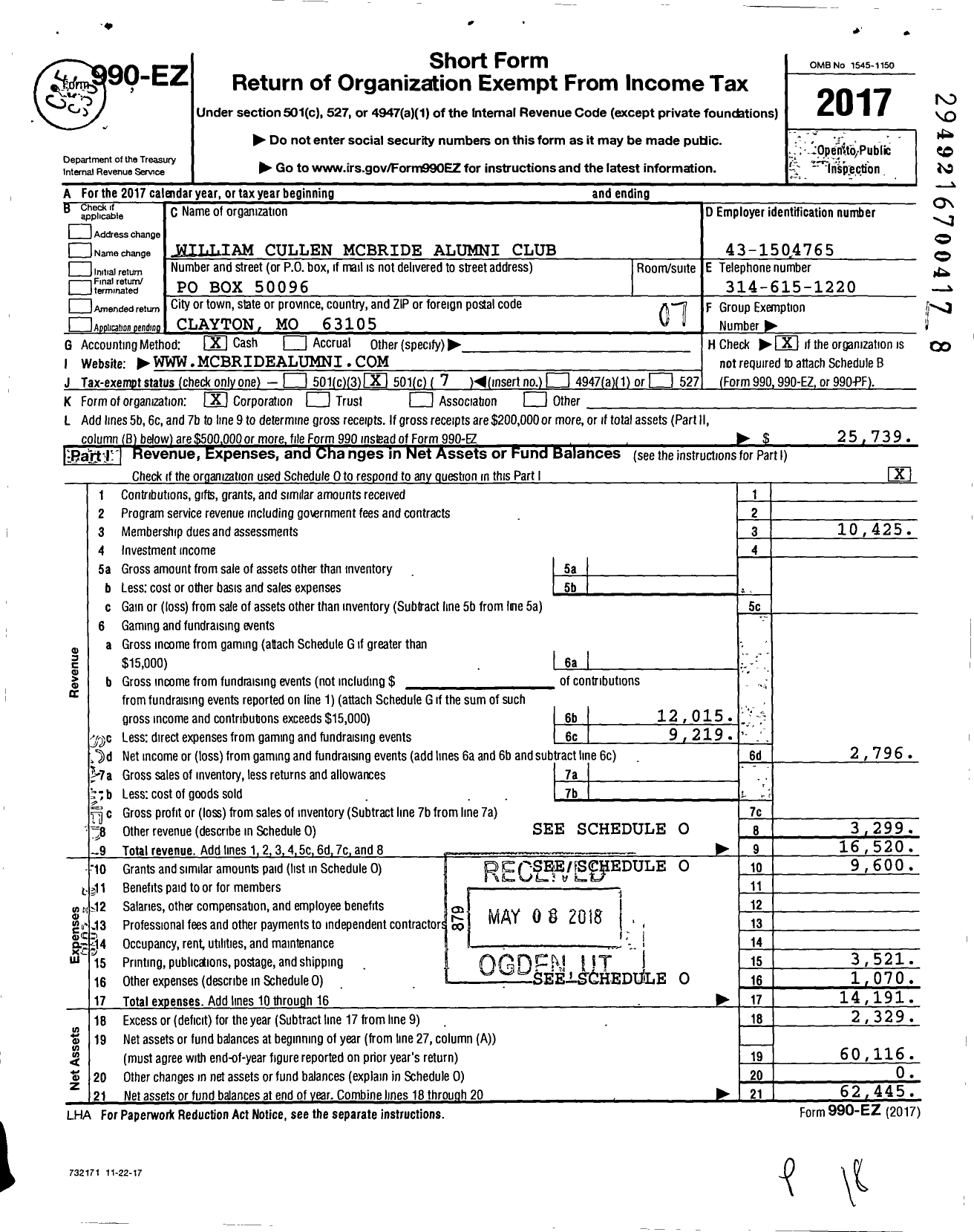 Image of first page of 2017 Form 990EO for William Cullen Mcbride Alumni Club