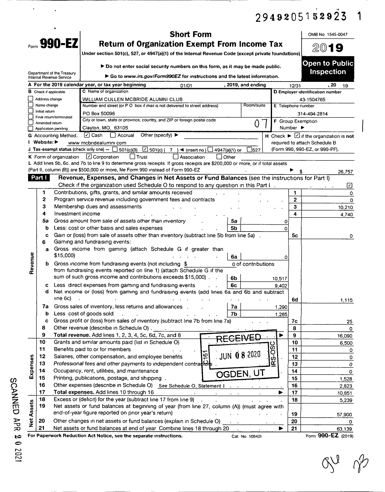 Image of first page of 2019 Form 990EO for William Cullen Mcbride Alumni Club