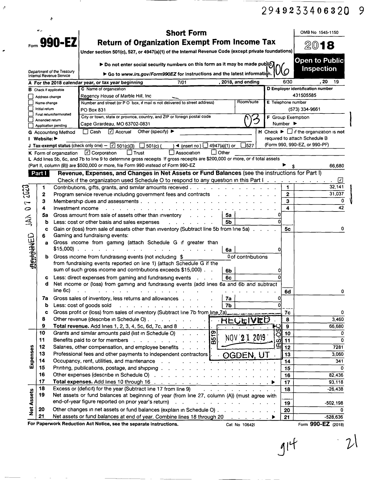 Image of first page of 2018 Form 990EZ for Regency House of Marble Hill 1330 State Hwy 74