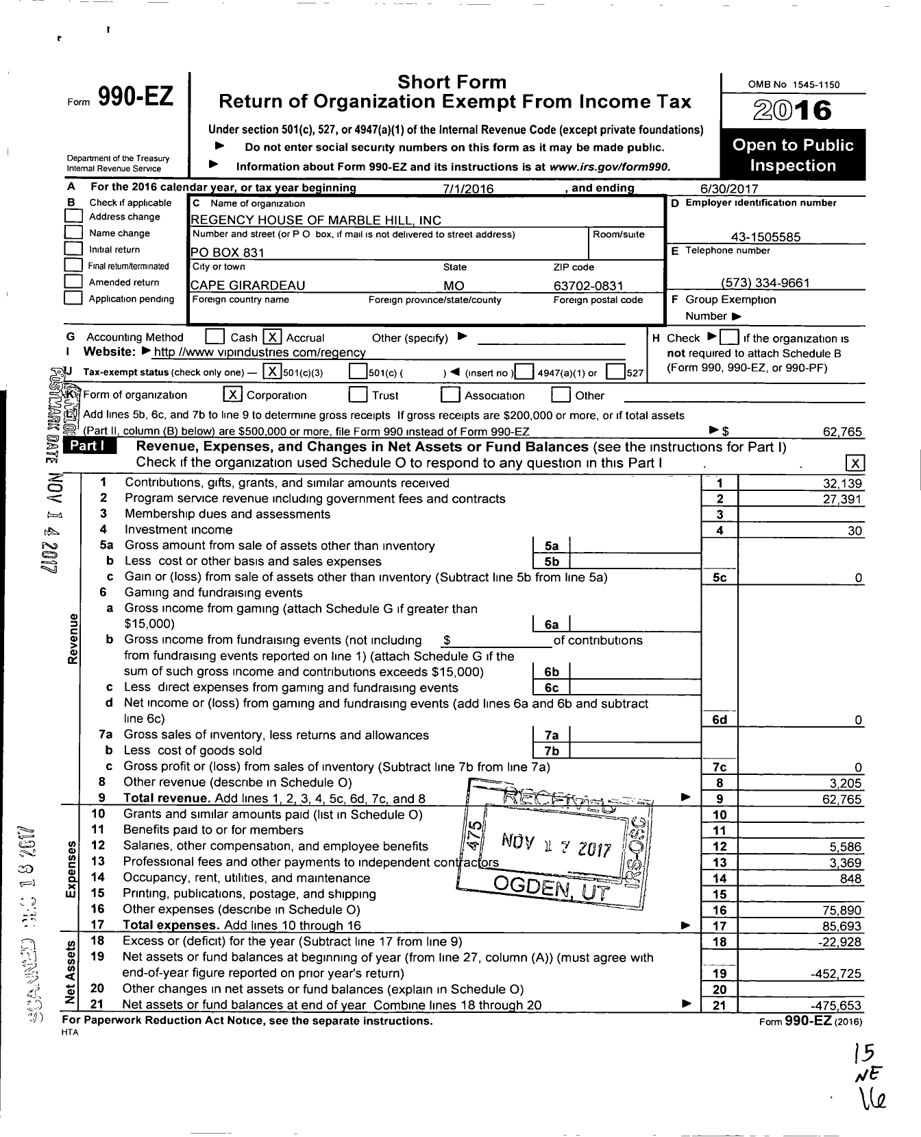 Image of first page of 2016 Form 990EZ for Regency House of Marble Hill 1330 State Hwy 74