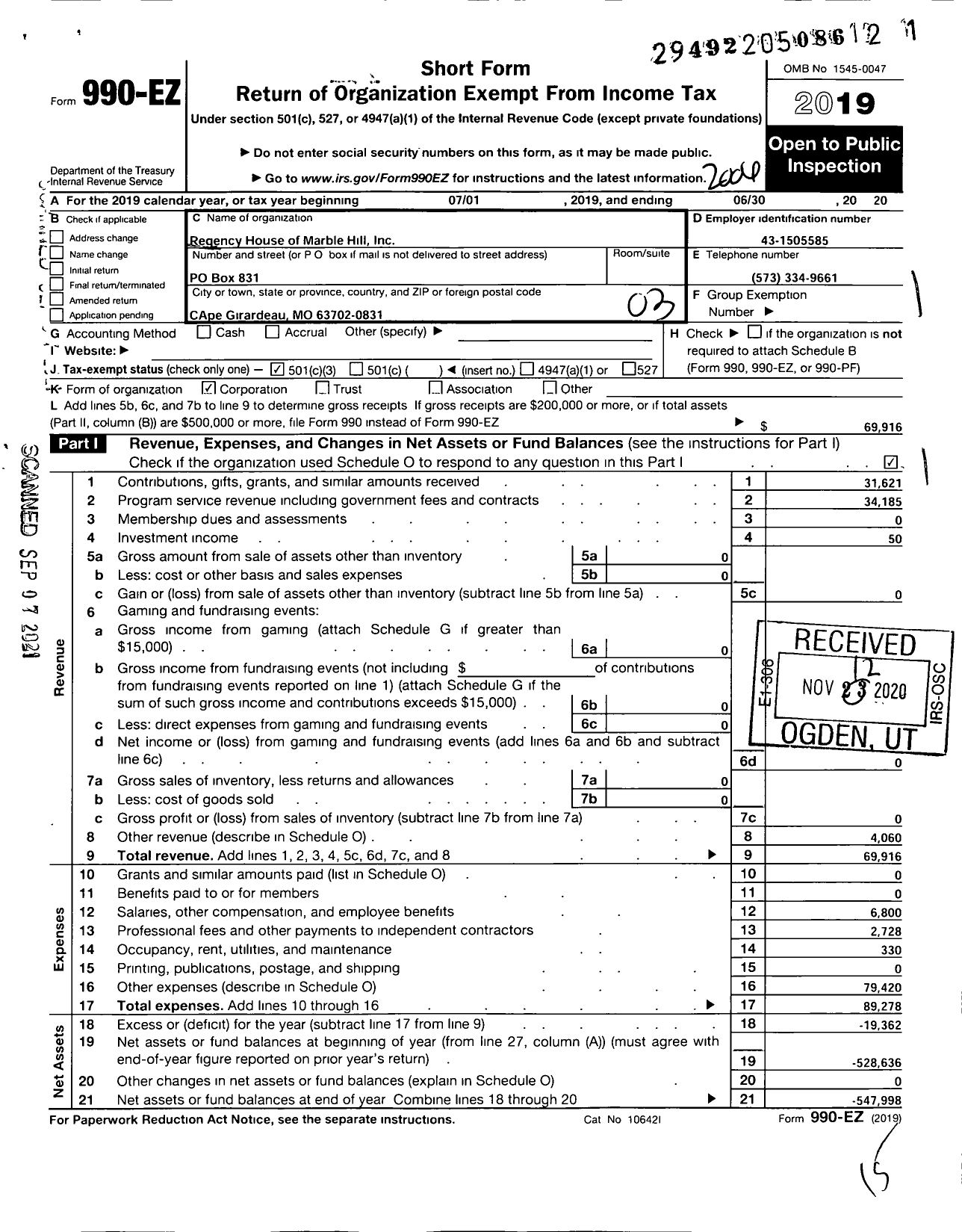 Image of first page of 2019 Form 990EZ for Regency House of Marble Hill 1330 State Hwy 74