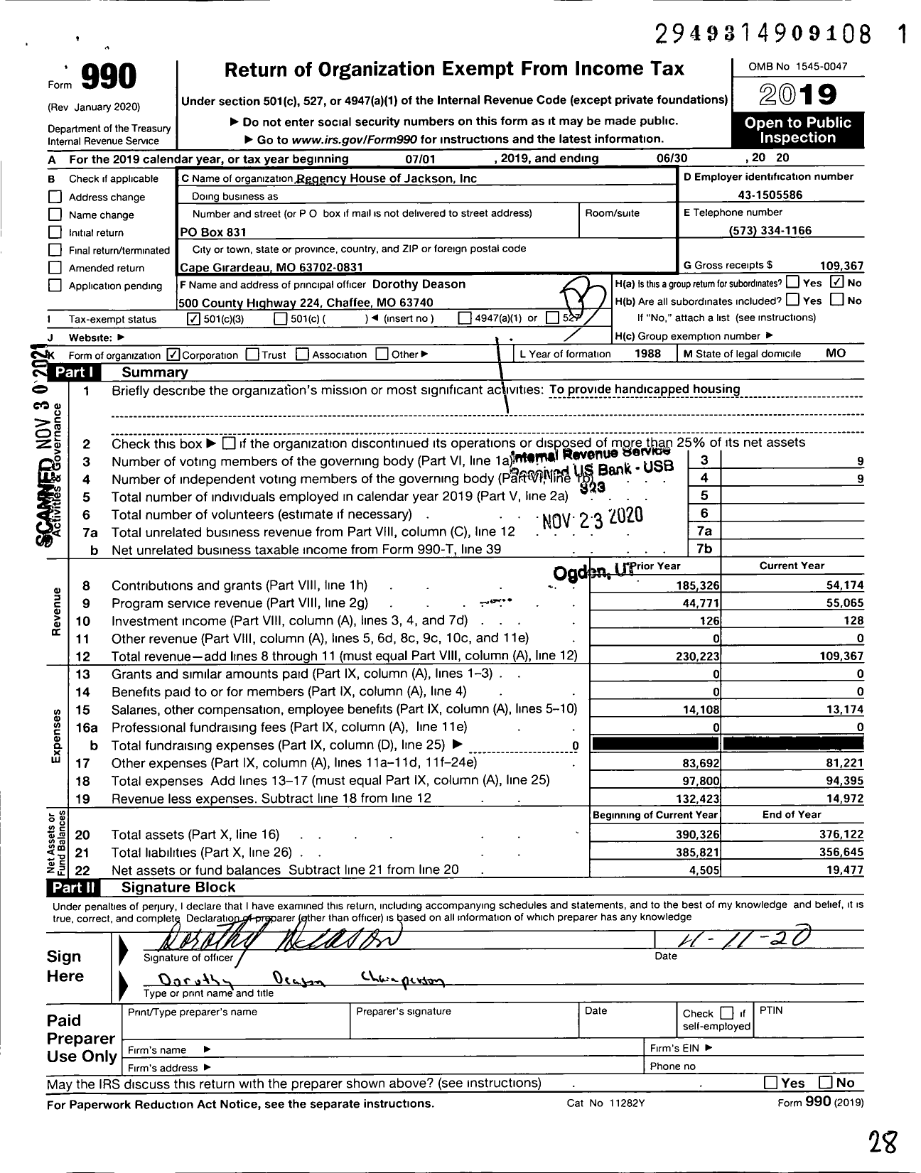 Image of first page of 2019 Form 990 for Regency House of Jackson