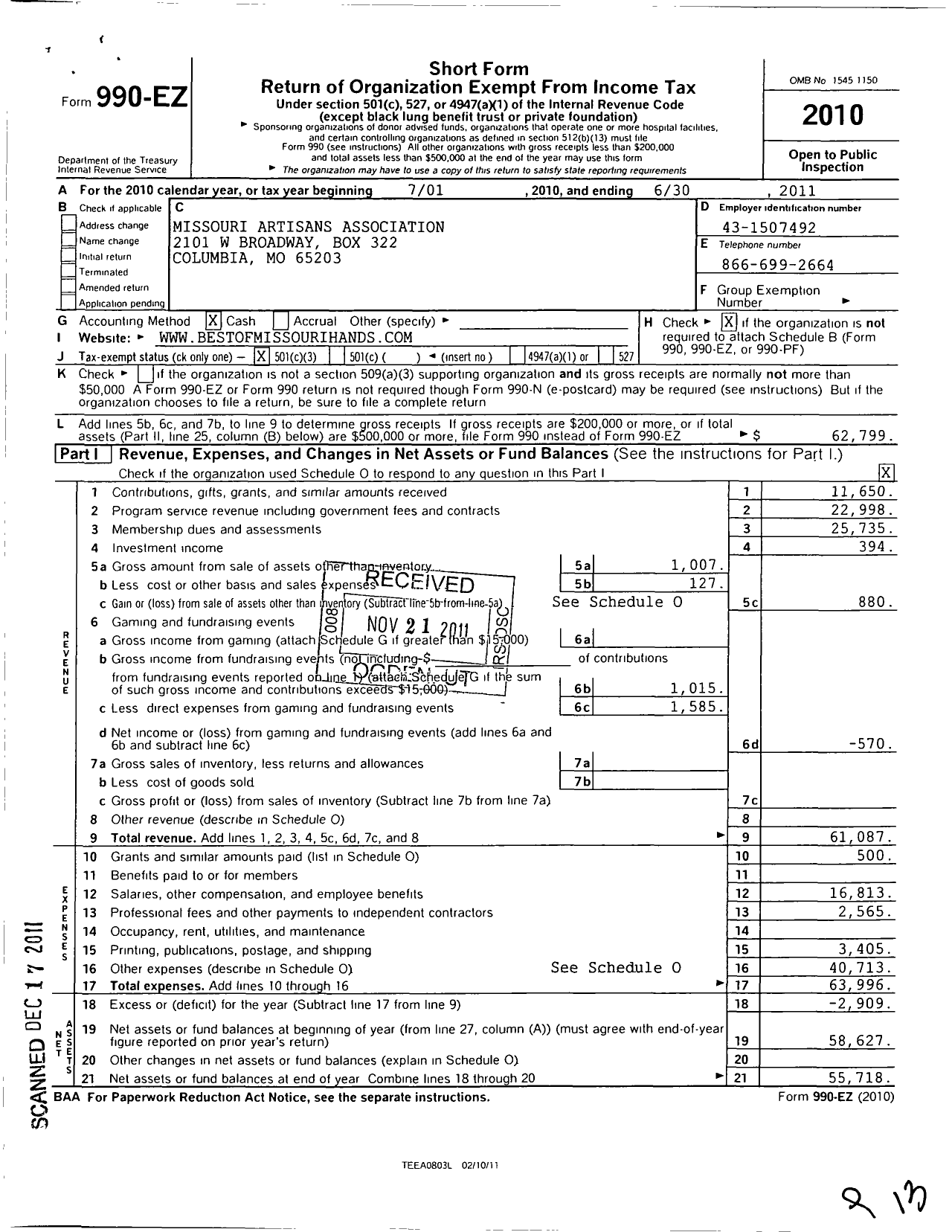 Image of first page of 2010 Form 990EZ for Missouri Artisans Association