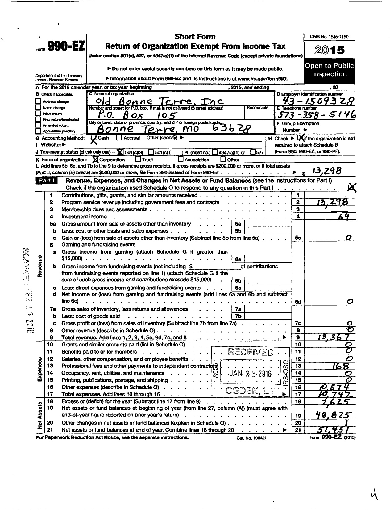 Image of first page of 2015 Form 990EZ for Old Bonne Terre