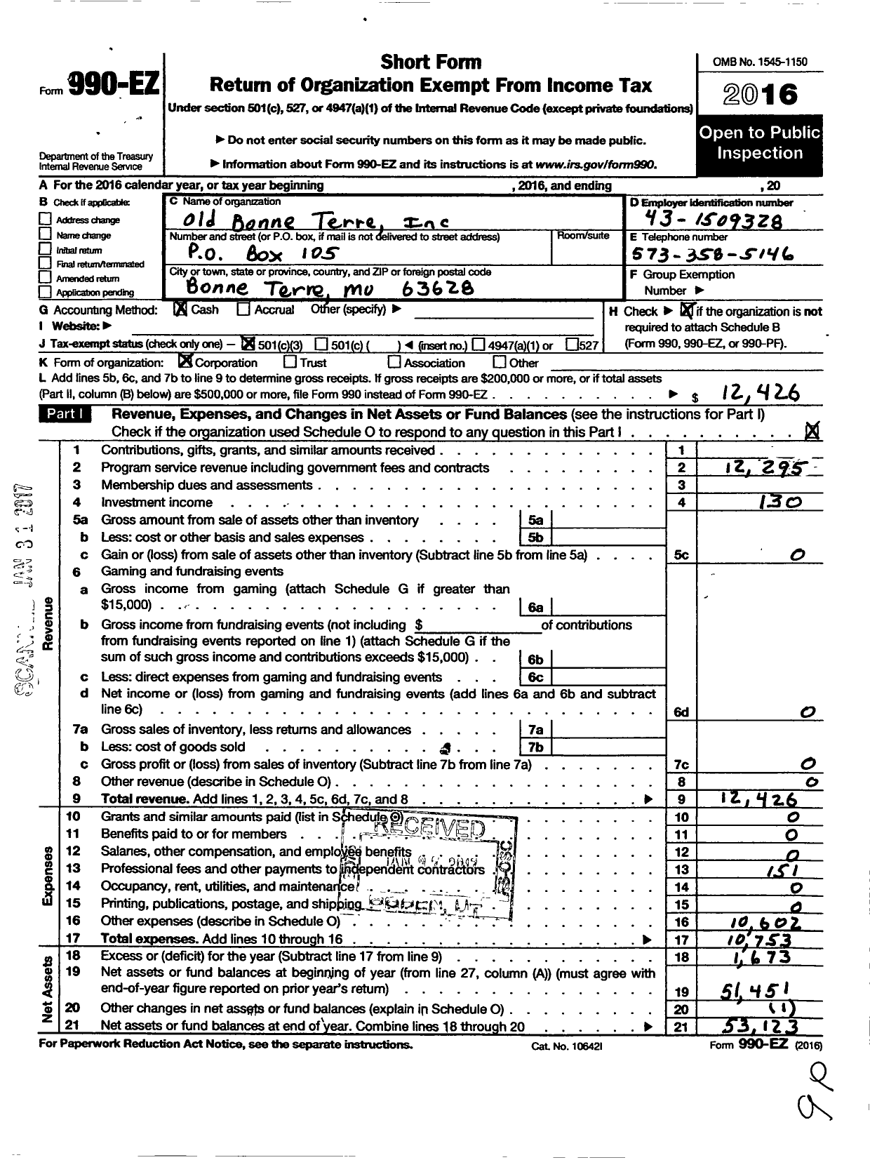 Image of first page of 2016 Form 990EZ for Old Bonne Terre