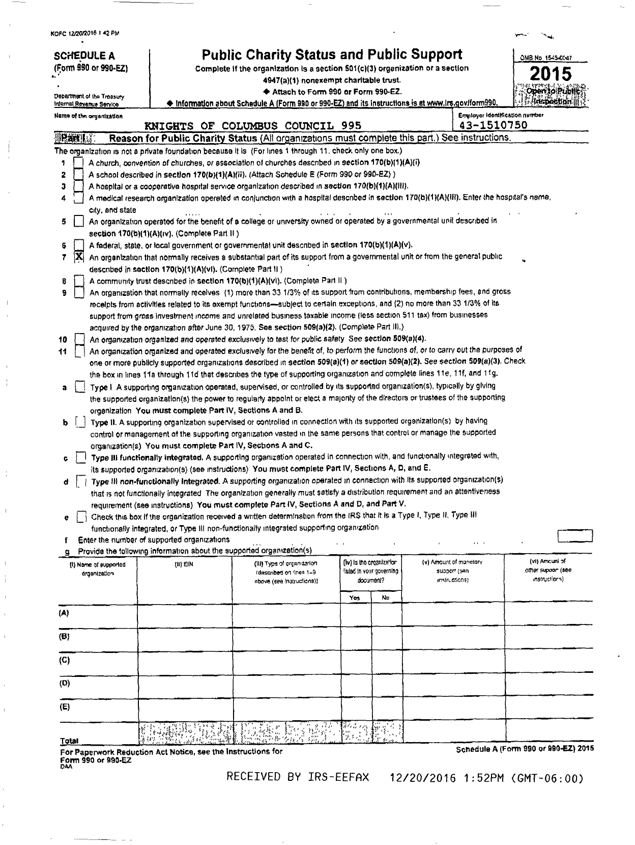 Image of first page of 2015 Form 990R for Knights of Columbus Council 995