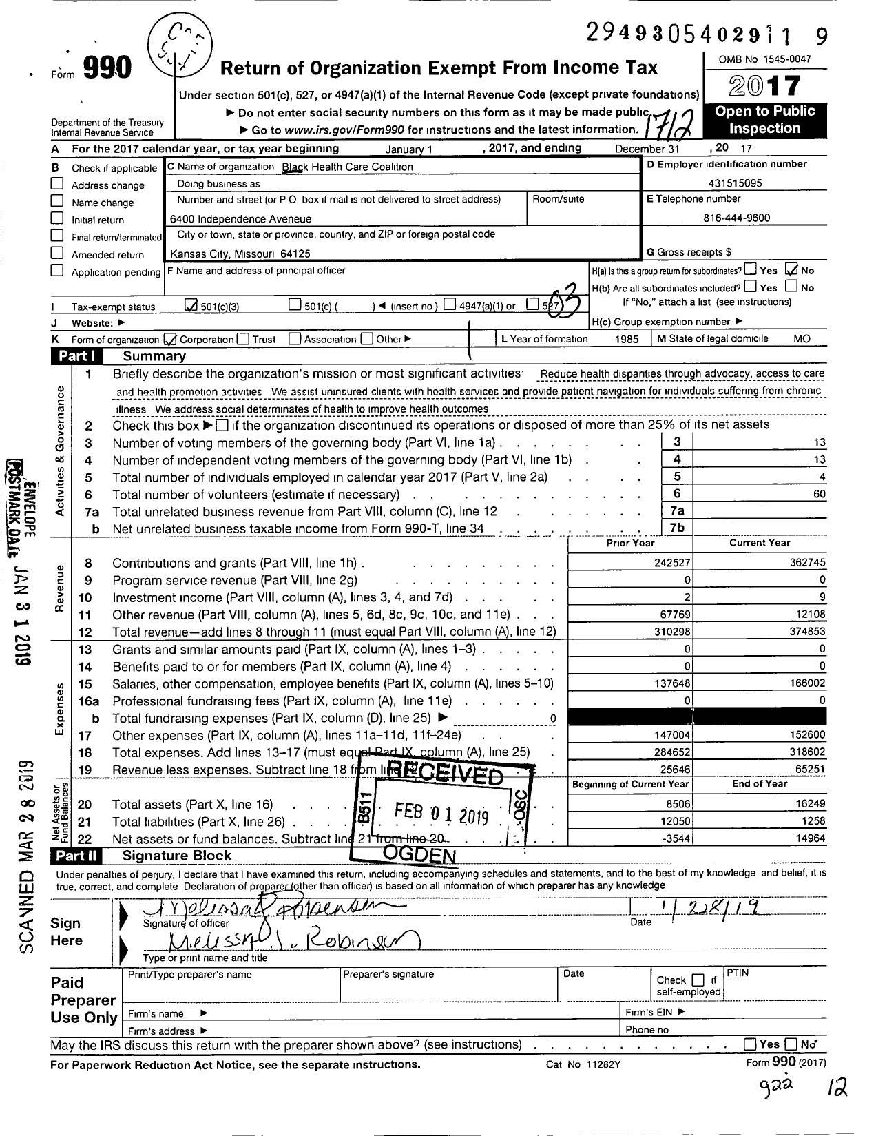 Image of first page of 2017 Form 990 for Black Health Care Coalition