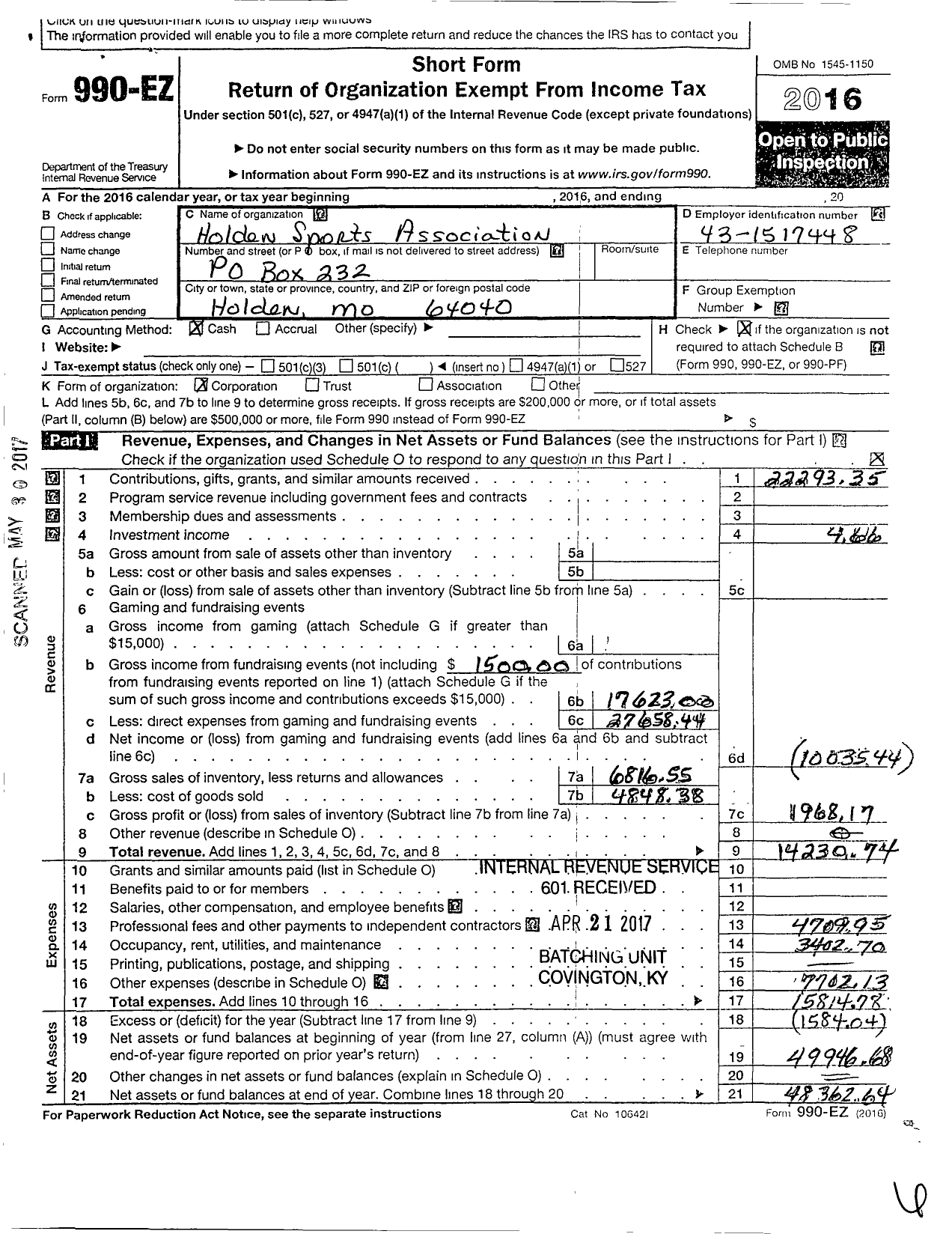 Image of first page of 2016 Form 990EO for Holden Sports Association