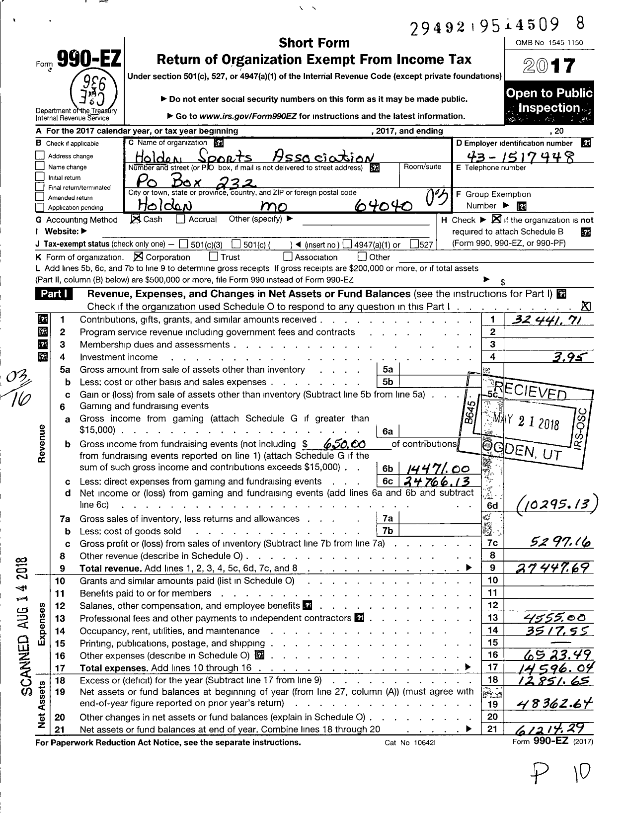 Image of first page of 2017 Form 990EZ for Holden Sports Association