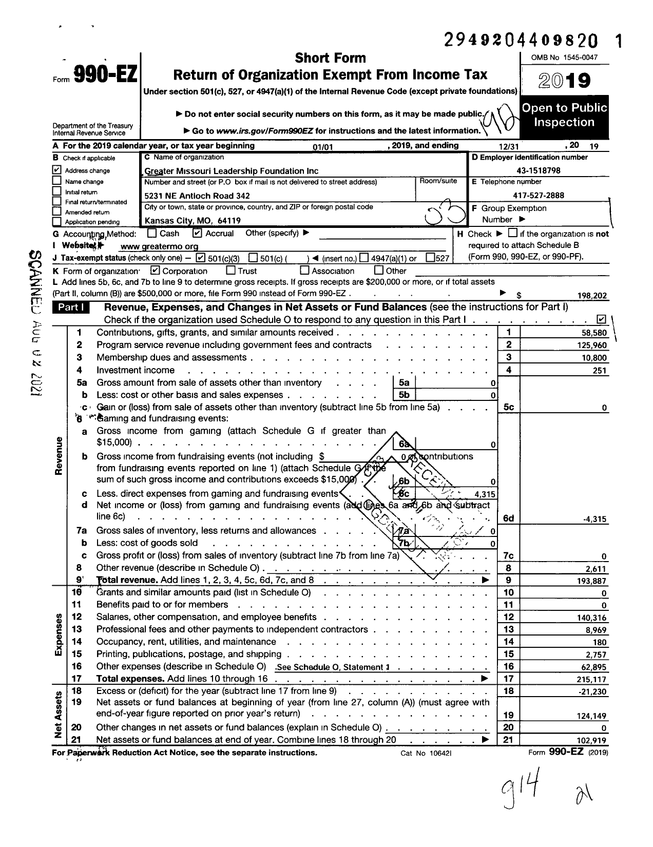 Image of first page of 2019 Form 990EZ for Greater Missouri Leadership Foundation