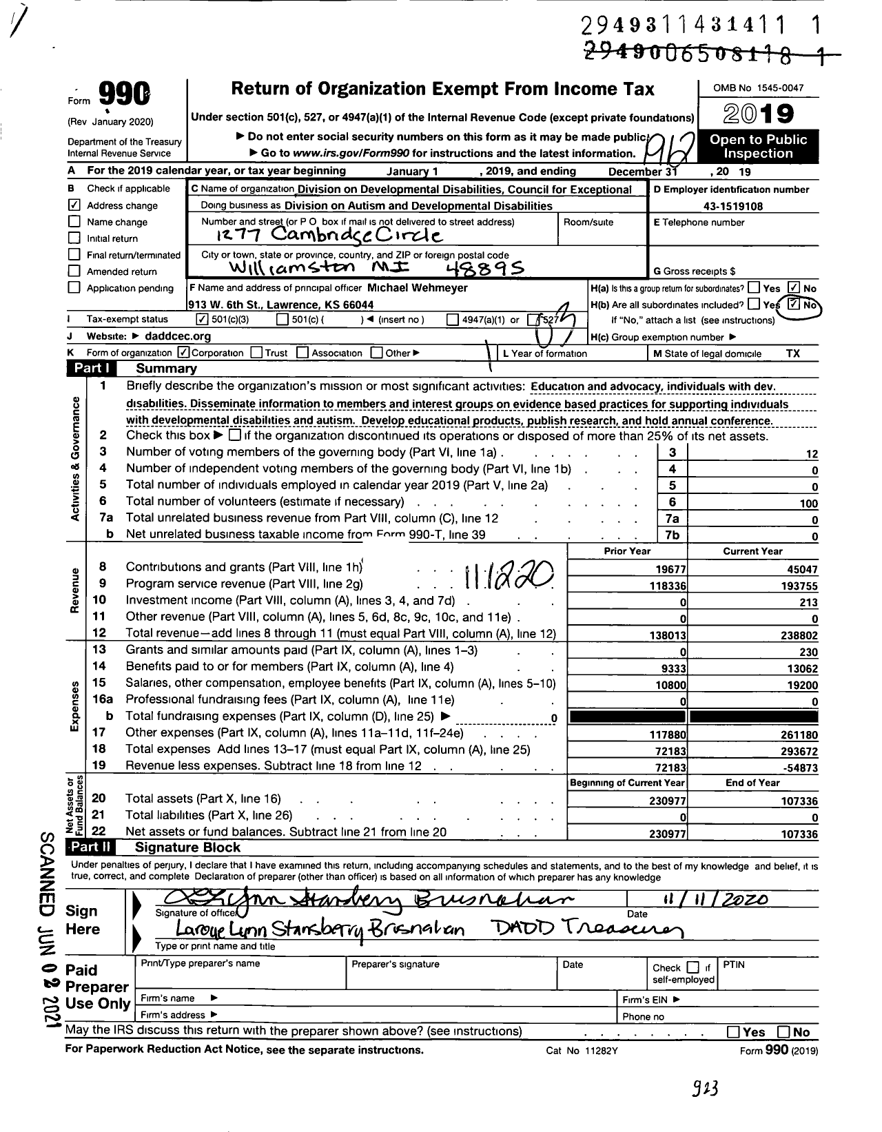 Image of first page of 2019 Form 990 for Division on Autism and Developmental Disabilities (DADD)