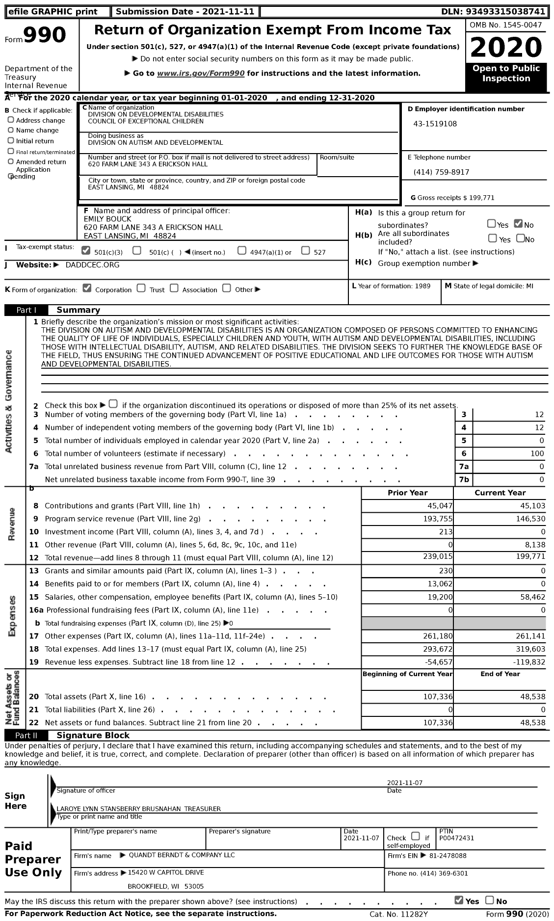 Image of first page of 2020 Form 990 for Division on Autism and Developmental Disabilities (DADD)