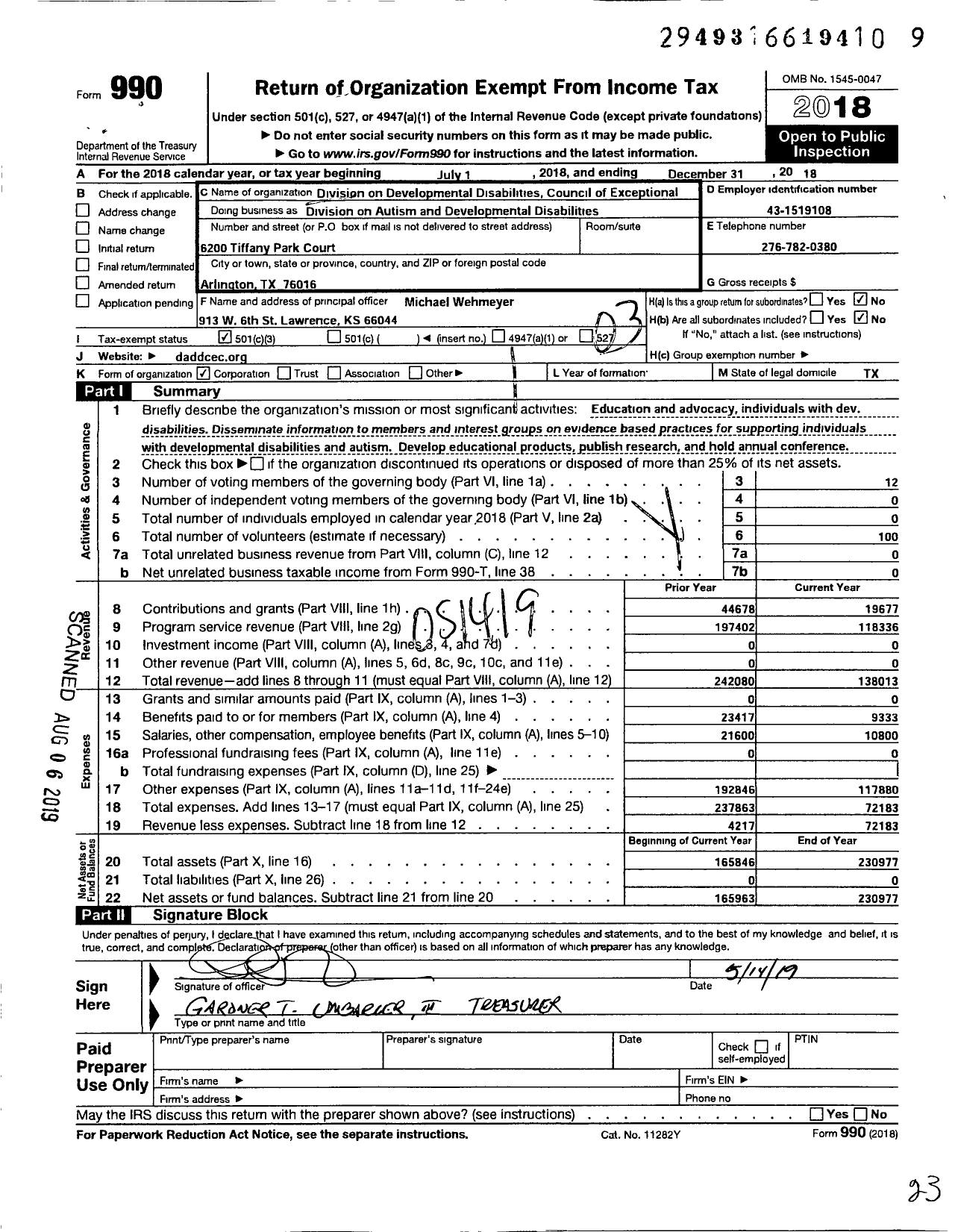 Image of first page of 2018 Form 990 for Division on Autism and Developmental Disabilities (DADD)