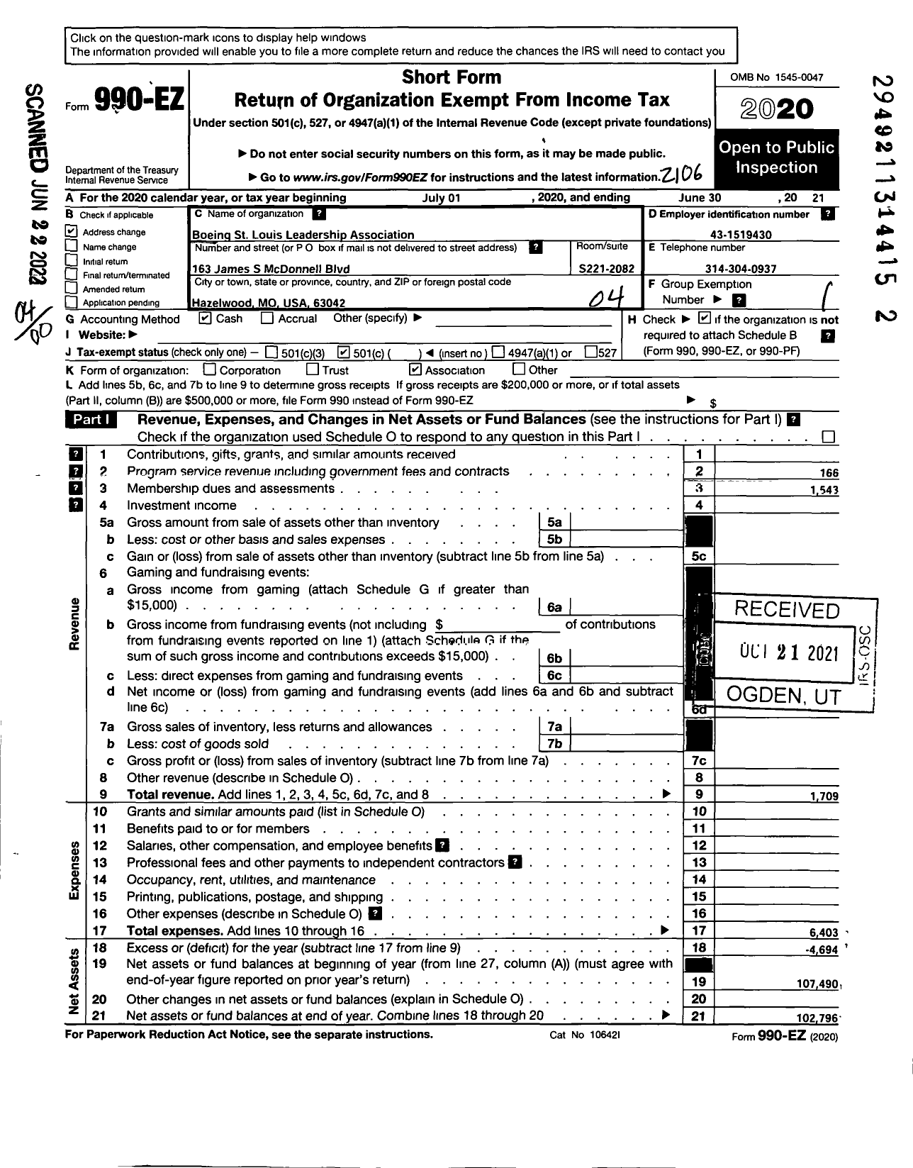 Image of first page of 2020 Form 990EO for Boeing St Louis Leadership Association