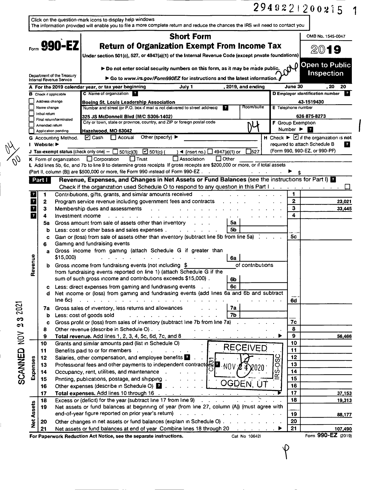 Image of first page of 2019 Form 990EO for Boeing St Louis Leadership Association