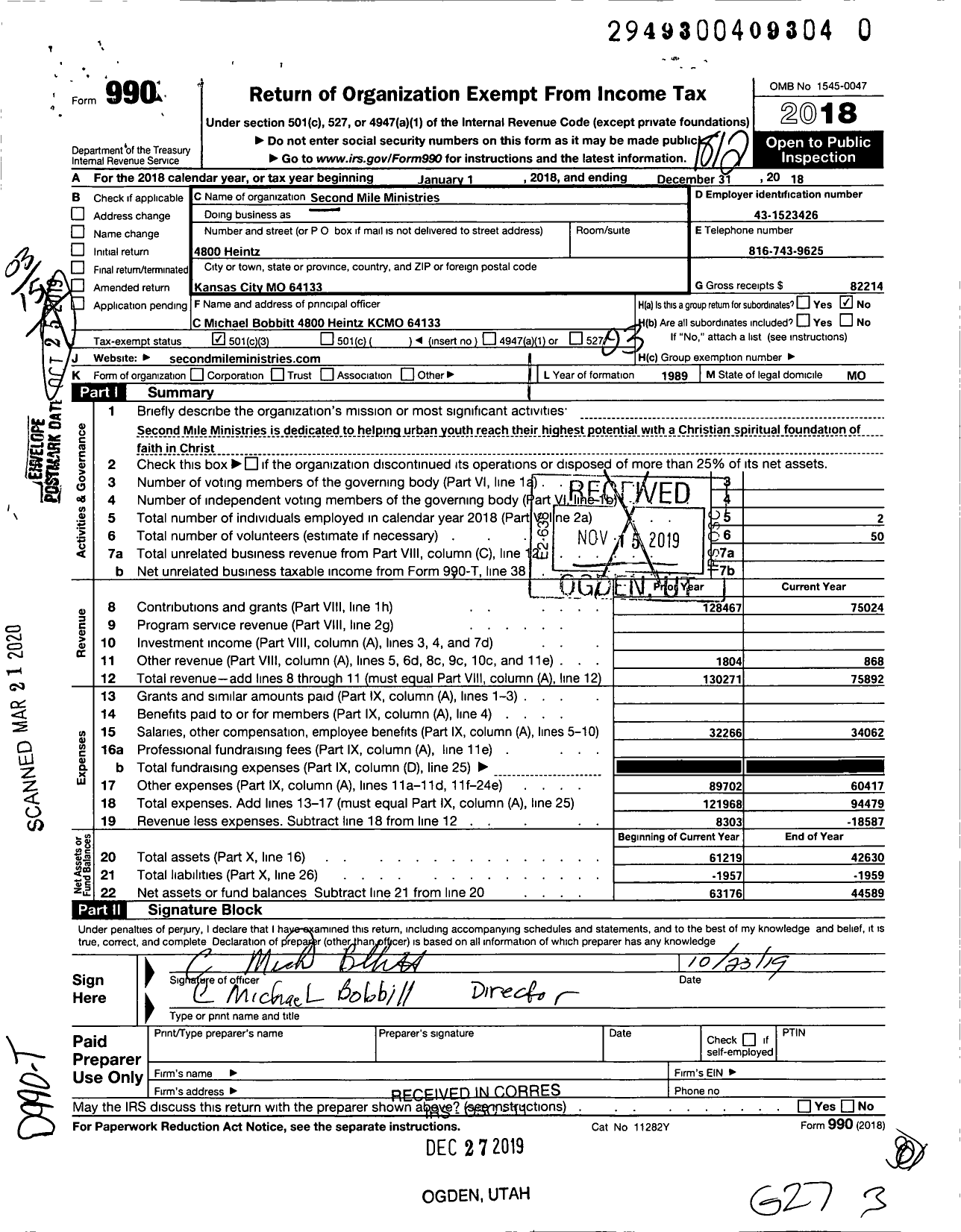 Image of first page of 2018 Form 990 for Second Mile Ministries