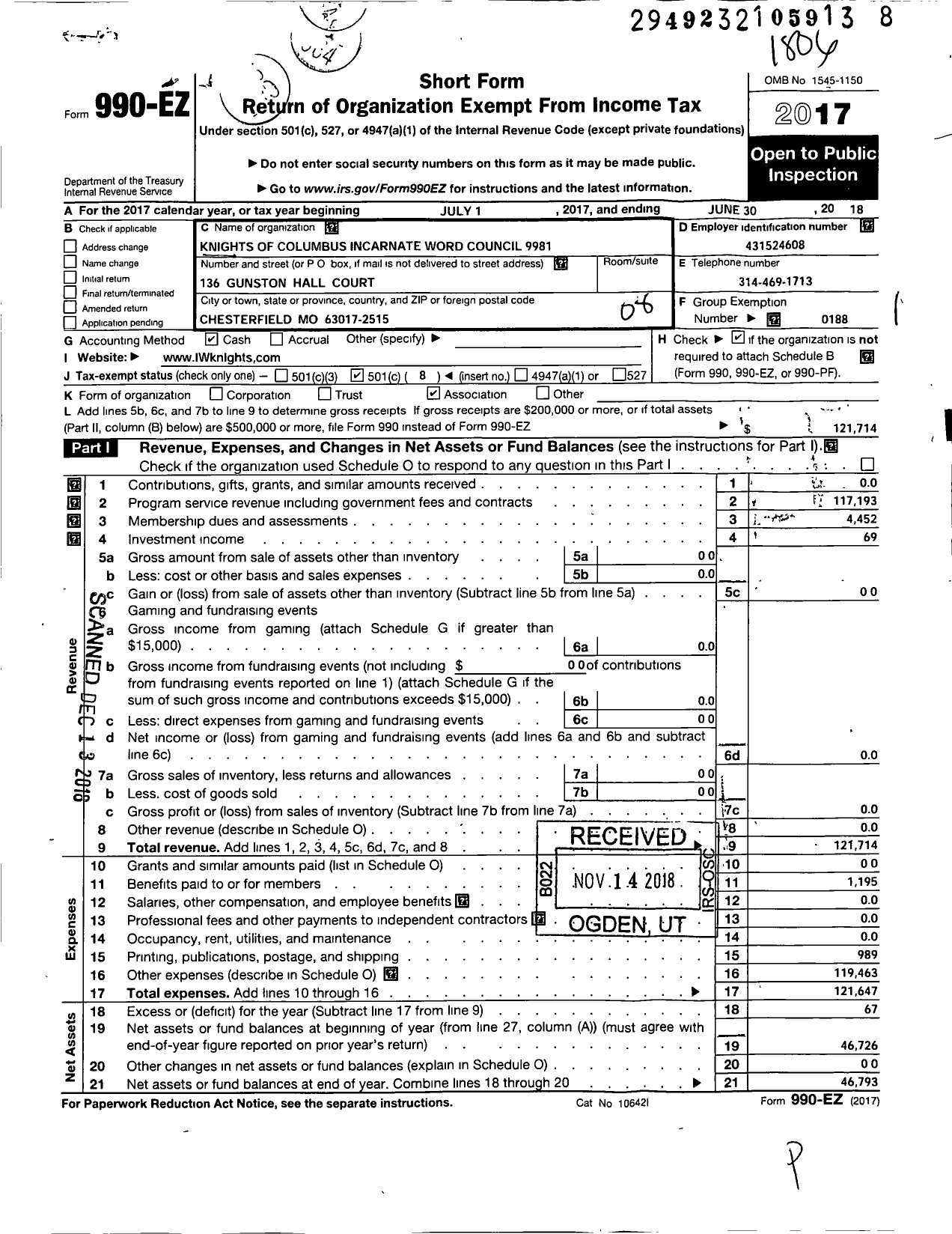 Image of first page of 2017 Form 990EO for Knights of Columbus - Knights of Columbus Incarnate Word Council 9981