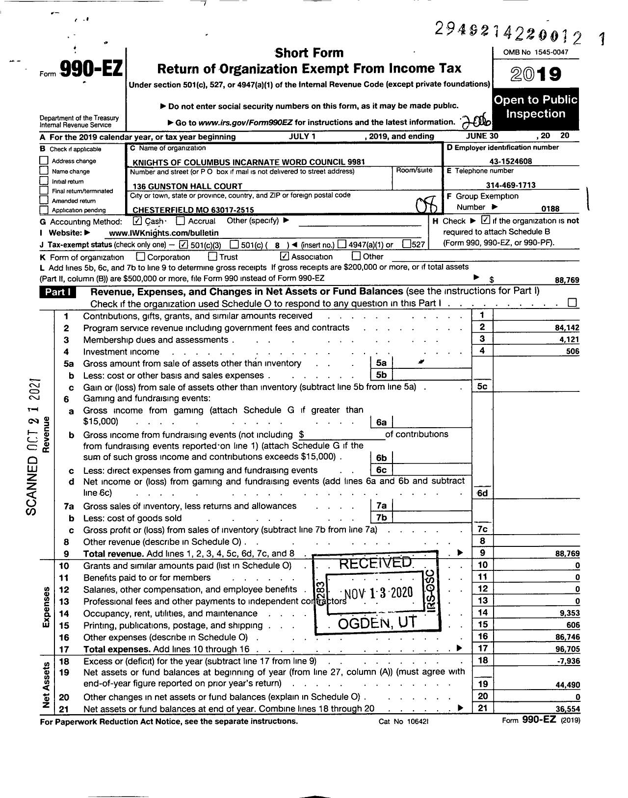 Image of first page of 2019 Form 990EO for Knights of Columbus - Knights of Columbus Incarnate Word Council 9981