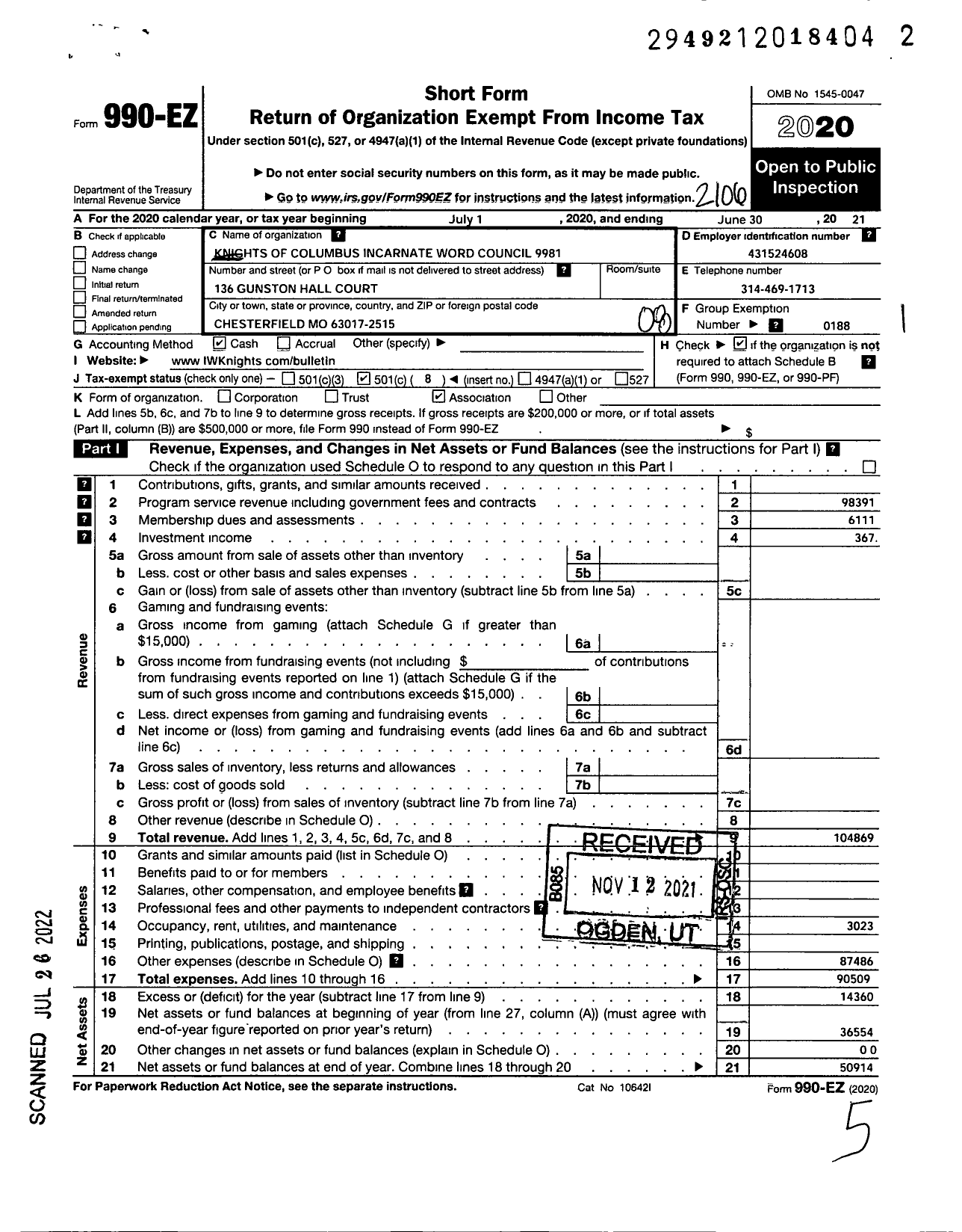 Image of first page of 2020 Form 990EO for Knights of Columbus - Knights of Columbus Incarnate Word Council 9981