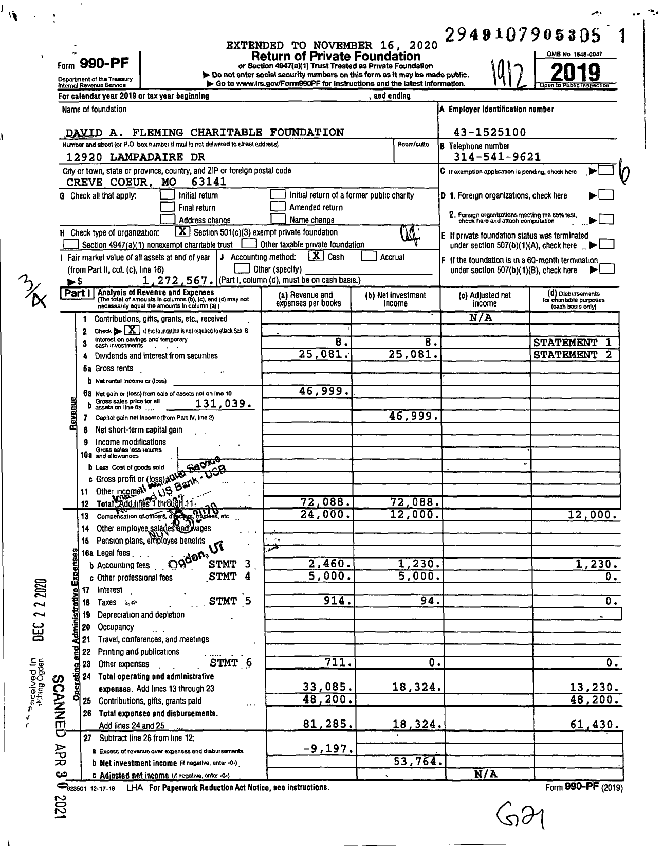 Image of first page of 2019 Form 990PF for David A Fleming Charitable Foundation