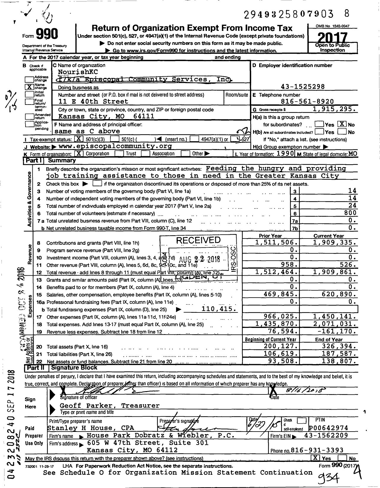 Image of first page of 2017 Form 990 for NourishKC