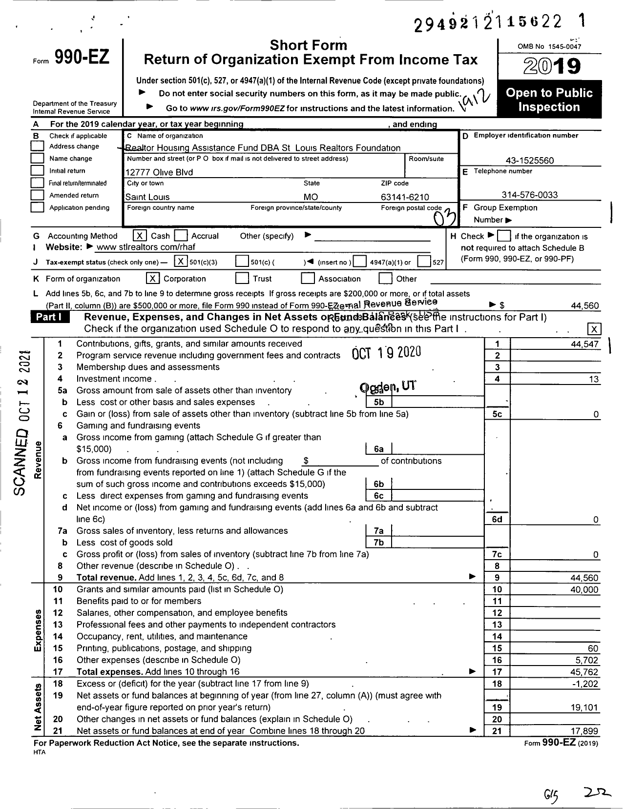 Image of first page of 2019 Form 990EZ for Realtor Housing Assistance Fund