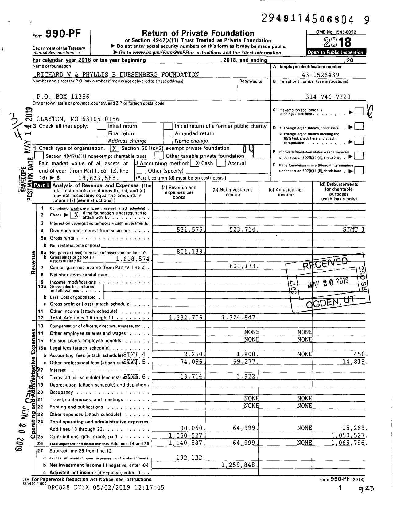 Image of first page of 2018 Form 990PF for RICHARD W AND Phyllis B DUESENBERg FOUNDATION